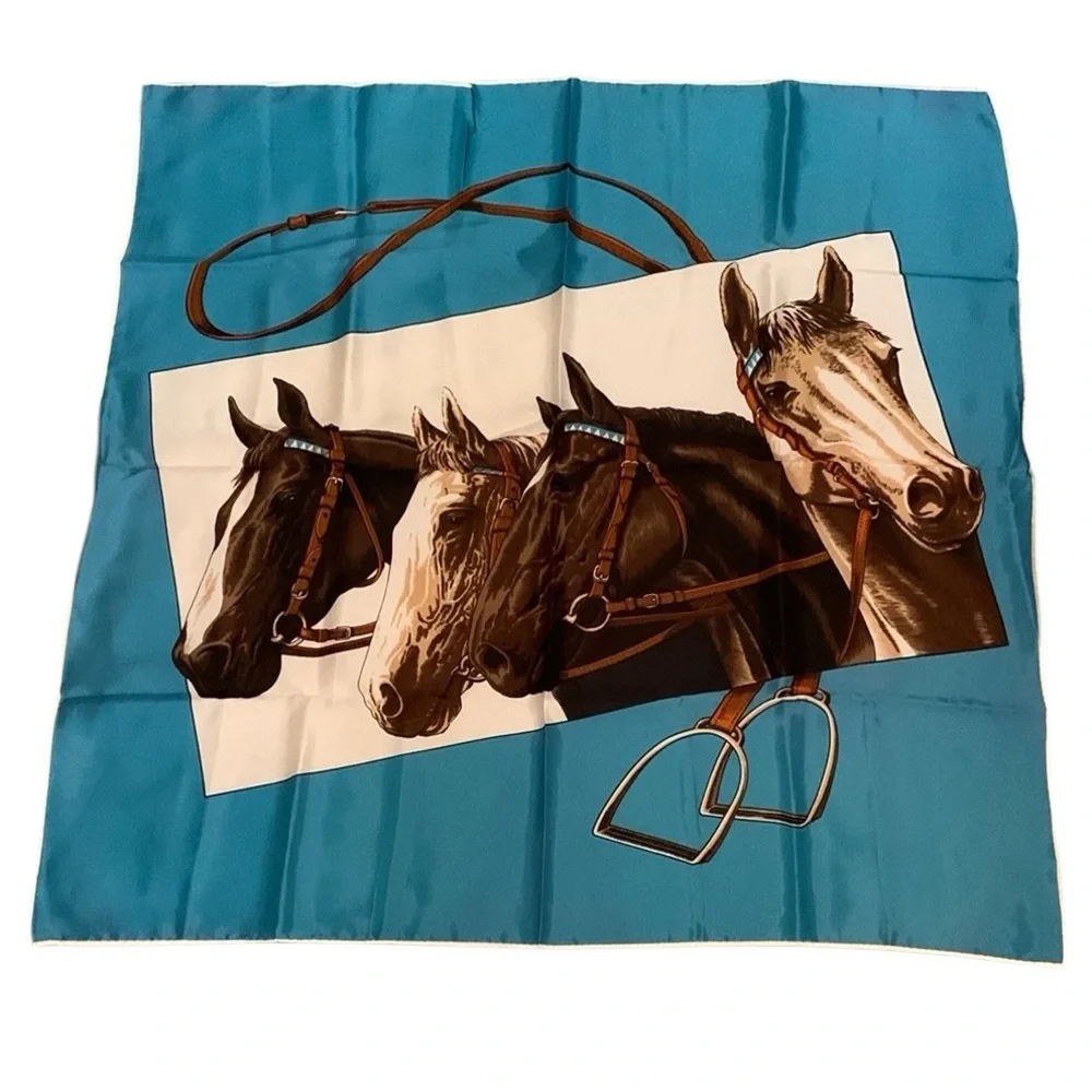 Equestrian Horse Scarf Neckerchief Hand Printed Made In Japan Western Blue Brown